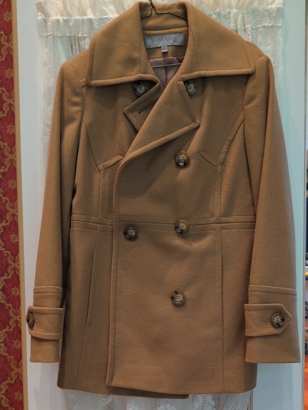Anne Klein Men's Double-Breasted Wool Blend Peacoat in Camel